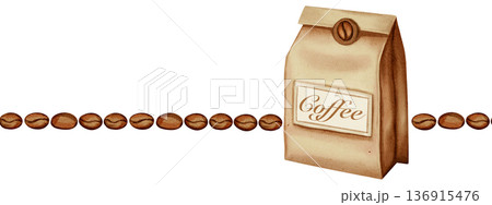 Seamless border, hand painted in watercolor, featuring paper coffee packaging and coffee beans. Perfect for retail, cafe menus, modern packaging, and branding. Seamless border, hand painted in watercolor, featuring paper coffee packaging and coffee beans. Perfect for retail, cafe menus, modern packaging, and branding. 136915476
