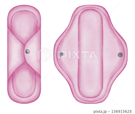 Watercolor illustration of a reusable cloth menstrual pad with snaps. Eco-friendly feminine hygiene and zero waste period products concept. 136915628