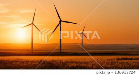 Wind turbines at sunset generating renewable energy over rural agricultural landscape 136915724