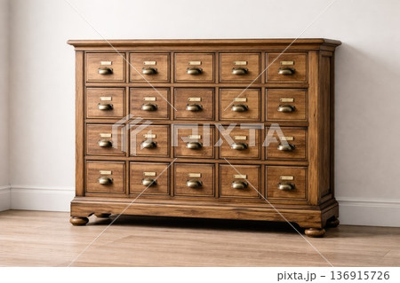 Vintage wooden apothecary cabinet with multiple drawers and brass handles in minimal interior 136915726