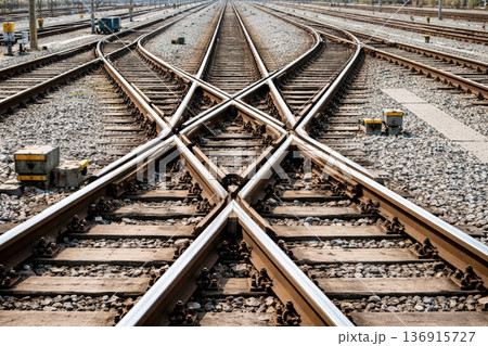 Railway junction with multiple intersecting tracks and switches in transportation infrastructure Railway junction with multiple intersecting tracks and switches in transportation infrastructure 136915727