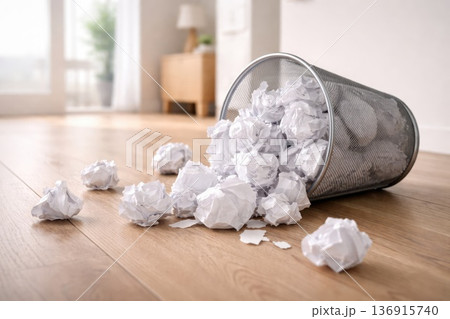 Crumpled paper balls spilled from trash bin on wooden floor waste concept 136915740