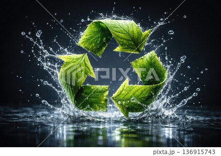 Green leaves forming recycling symbol with water splash eco sustainability concept Green leaves forming recycling symbol with water splash eco sustainability concept 136915743