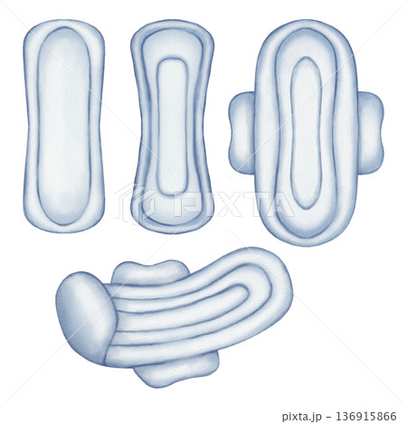 Set of watercolor illustrations of menstrual pads in various shapes. A feminine hygiene product for protection and comfort during menstruation. Set of watercolor illustrations of menstrual pads in various shapes. A feminine hygiene product for protection and comfort during menstruation. 136915866