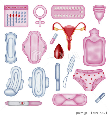 Watercolor feminine health and period care collection. Menstrual cycle elements: uterus, pads, tampons, cup, birth control, pregnancy test, calendar and hot water bottle. Hand-drawn illustration. Watercolor feminine health and period care collection. Menstrual cycle elements: uterus, pads, tampons, cup, birth control, pregnancy test, calendar and hot water bottle. Hand-drawn illustration. 136915871