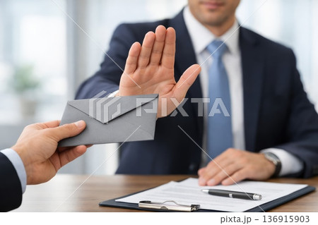 Businessman refusing envelope with money symbolizing corruption rejection Businessman refusing envelope with money symbolizing corruption rejection 136915903