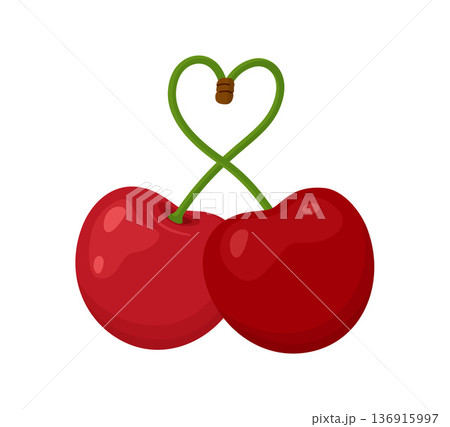 Two red cherries with green stems forming heart shape. Hand drawn flat style isolated 136915997