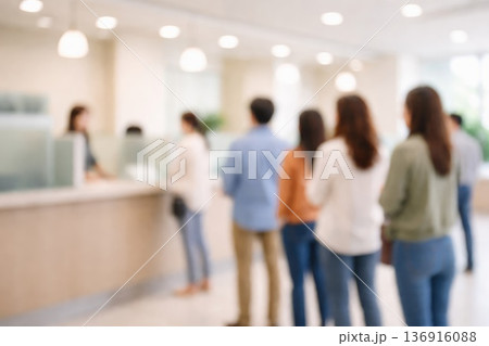 Patients standing in queue at clinic front desk healthcare service concept 136916088