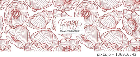 Seamless Pattern Poppy Flower Background in Line Art Style, Hand-Drawn Botanical Floral Design for Fabric and Packaging in a vector Illustration Seamless Pattern Poppy Flower Background in Line Art Style, Hand-Drawn Botanical Floral Design for Fabric and Packaging in a vector Illustration 136916542