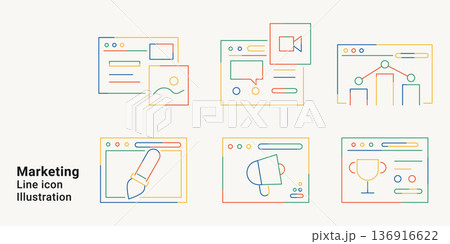 Marketing line icon set with digital marketing, strategy, social media, video content and advertising symbols. Vector illustration collection colorful gradient outline style. 136916622