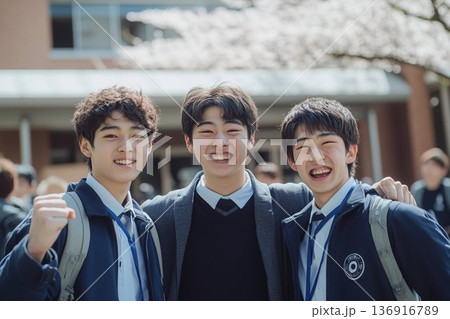 入学式　ガッツポーズする高校生3人組 136916789