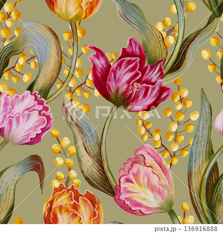 Watercolor tulips, floral seamless pattern. Vintage romantic spring garden background. Tulips flowers pattern. Spring. Holiday. Wrapping paper. Card. Flowers. Botanical print. Spring background. Watercolor tulips, floral seamless pattern. Vintage romantic spring garden background. Tulips flowers pattern. Spring. Holiday. Wrapping paper. Card. Flowers. Botanical print. Spring background. 136916888