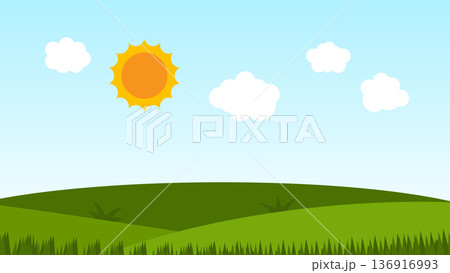 green filed with sun and blue sky. nature landscape cartoon scene background green filed with sun and blue sky. nature landscape cartoon scene background 136916993