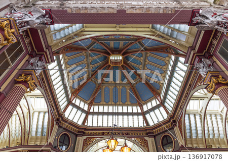 Ornate Victorian architecture of Leadenhall Market ceiling in London Ornate Victorian architecture of Leadenhall Market ceiling in London 136917078