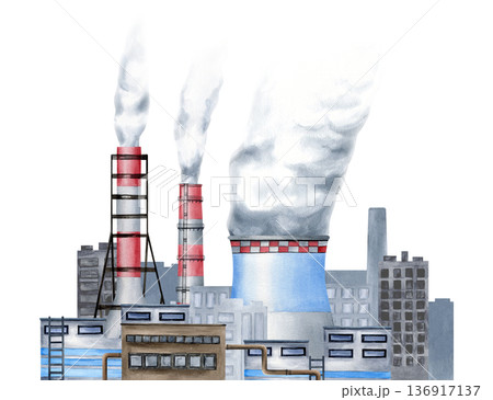 Industrial factories, smoke stacks, grey buildings, toxic dark smog polluting the urban city. Watercolor banner isolated background. Pollution air concept for Climate change poster, infographics Industrial factories, smoke stacks, grey buildings, toxic dark smog polluting the urban city. Watercolor banner isolated background. Pollution air concept for Climate change poster, infographics 136917137