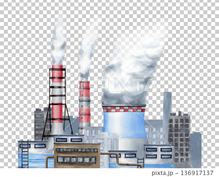 Industrial factories, smoke stacks, grey buildings, toxic dark smog polluting the urban city. Watercolor banner isolated background. Pollution air concept for Climate change poster, infographics Industrial factories, smoke stacks, grey buildings, toxic dark smog polluting the urban city. Watercolor banner isolated background. Pollution air concept for Climate change poster, infographics 136917137