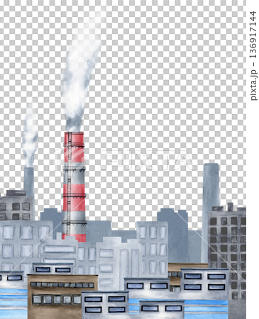 Industrial factories, smoke stacks near the grey multi-storey buildings, toxic smog polluting the urban city. Watercolor banner with copy space. Pollution air concept for International Climate day Industrial factories, smoke stacks near the grey multi-storey buildings, toxic smog polluting the urban city. Watercolor banner with copy space. Pollution air concept for International Climate day 136917144