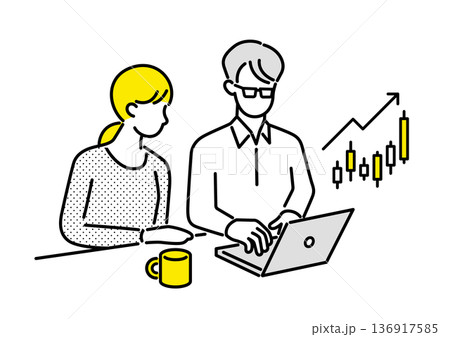 ノートパソコンを使い株式投資を学ぶ夫婦のイラスト 136917585