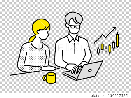 ノートパソコンを使い株式投資を学ぶ夫婦のイラスト 136917585