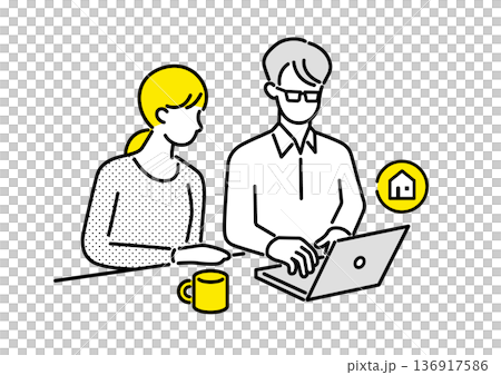 不動産投資や資産運用をノートパソコンで検討する夫婦 136917586