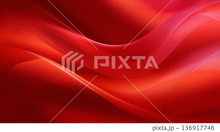 An abstract digital background of bright red and orange wavy light trails creating a dynamic, speed-like motion effect on a dark red gradient. 136917746