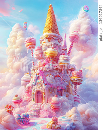 A fantastical castle made of ice cream, candy, and frosting surrounded by pastel clouds, featuring a waffle cone spire and lollipops. 136917844