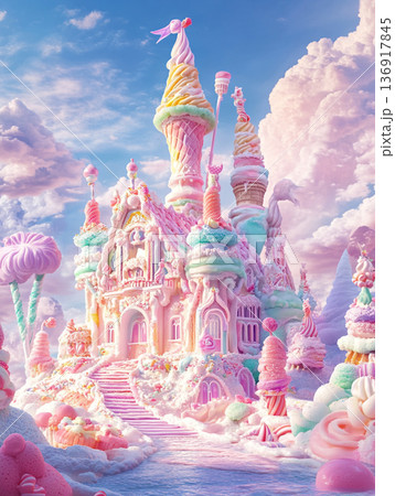 A fantastical castle made of ice cream, candy, and frosting surrounded by pastel clouds, featuring a waffle cone spire and lollipops. 136917845