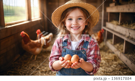 Smiling little girl in straw hat holding fresh eggs in rustic chicken coop on family farm, surrounded by hens and warm sunlight indoors. Smiling little girl in straw hat holding fresh eggs in rustic chicken coop on family farm, surrounded by hens and warm sunlight indoors. 136917884