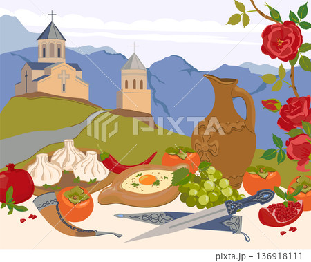 Symbols of Georgian hospitality and national history. Khinkali and khachapuri, wine and fruit. A postcard with a view of the Holy Trinity Church in Goraz and dishes of the Caucasus. A kama knife, horn Symbols of Georgian hospitality and national history. Khinkali and khachapuri, wine and fruit. A postcard with a view of the Holy Trinity Church in Goraz and dishes of the Caucasus. A kama knife, horn 136918111