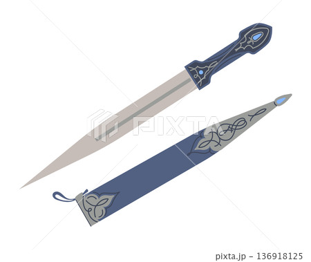 A kama dagger with a scabbard on a white background. Vector image of an antique dagger. A steel bladed weapon. Concept of combat and fighting. A kama dagger with a scabbard on a white background. Vector image of an antique dagger. A steel bladed weapon. Concept of combat and fighting. 136918125