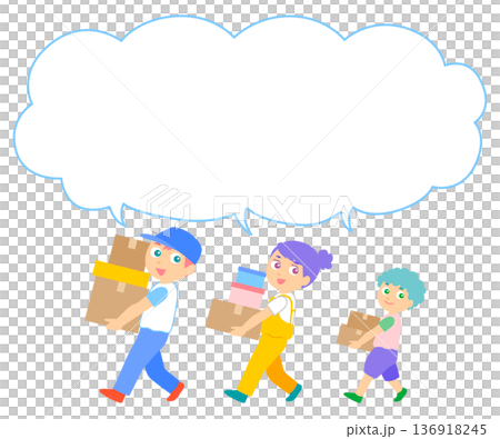 Illustration of a moving company, a woman, and a boy with speech bubbles Illustration of a moving company, a woman, and a boy with speech bubbles 136918245
