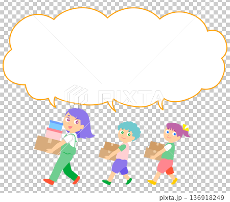 女性と二人の子どもが荷物を運ぶイラスト吹き出し付き 136918249
