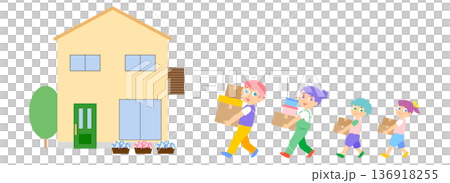 一軒家へ家族が荷物を運ぶイラスト 136918255