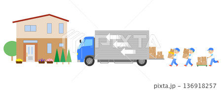 一軒家とトラックと荷物を運ぶ人のイラスト 136918257