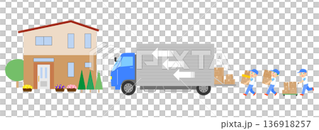 一軒家とトラックと荷物を運ぶ人のイラスト 136918257