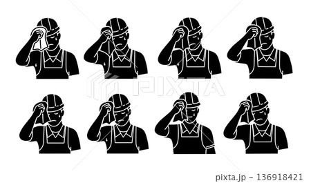 Black Solid Worker Wiping Brow Silhouettes Set of Six on White Background Black Solid Worker Wiping Brow Silhouettes Set of Six on White Background 136918421