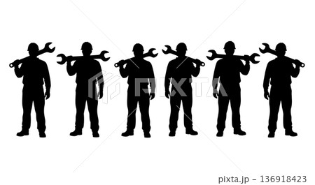 Black Solid Worker Wrench Shoulder Silhouettes Set of Six on White Background 136918423