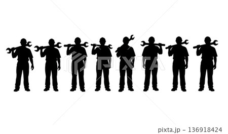 Black Solid Worker Wrench Shoulder Silhouettes Set of Six on White Background 136918424