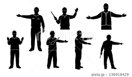 Black Solid Worker Waving Guide Silhouettes Set of Six on White Background Black Solid Worker Waving Guide Silhouettes Set of Six on White Background 136918429