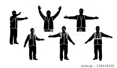 Black Solid Worker Waving Guide Silhouettes Set of Six on White Background 136918430