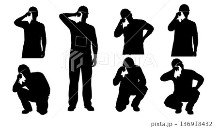 Black Solid Worker Wiping Brow Silhouettes Set of Six on White Background 136918432