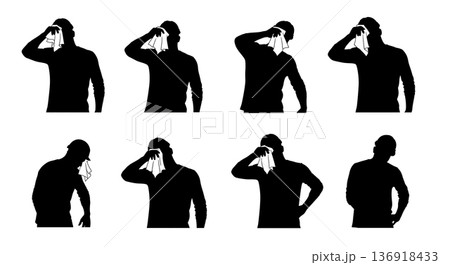 Black Solid Worker Wiping Brow Silhouettes Set of Six on White Background 136918433