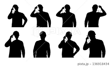 Black Solid Worker Wiping Brow Silhouettes Set of Six on White Background 136918434