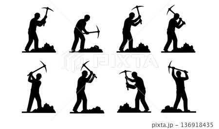Black Solid Worker Pickaxe Silhouettes Set of Six on White Background 136918435