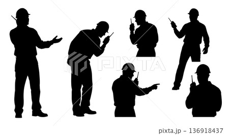 Black Solid Worker Walkie Talkie Silhouettes Set of Six on White Background Black Solid Worker Walkie Talkie Silhouettes Set of Six on White Background 136918437