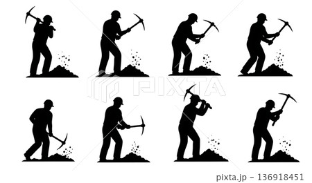 Black Solid Worker Pickaxe Silhouettes Set of Six on White Background 136918451