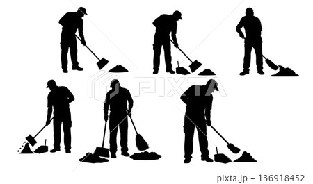 Black Solid Worker Sweeping Sawdust Silhouettes Set of Six on White Background 136918452