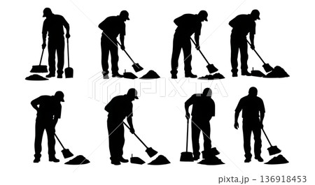 Black Solid Worker Sweeping Sawdust Silhouettes Set of Six on White Background 136918453