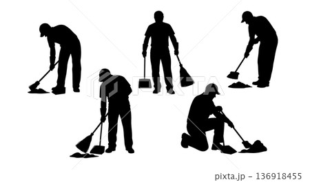 Black Solid Worker Sweeping Sawdust Silhouettes Set of Six on White Background 136918455