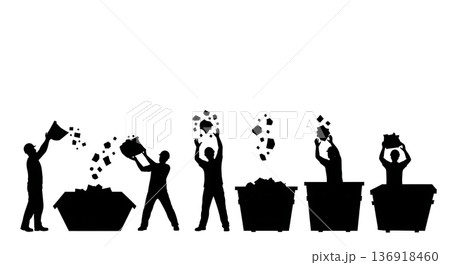 Black Solid Worker Throwing Debris Silhouettes Set of Six on White Background 136918460